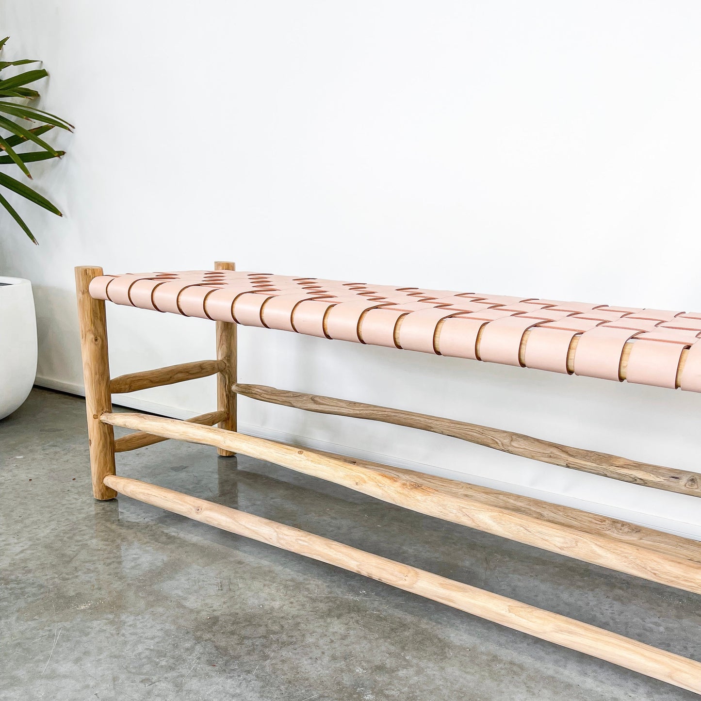 La Terra Blush Woven Leather and Timber Bench