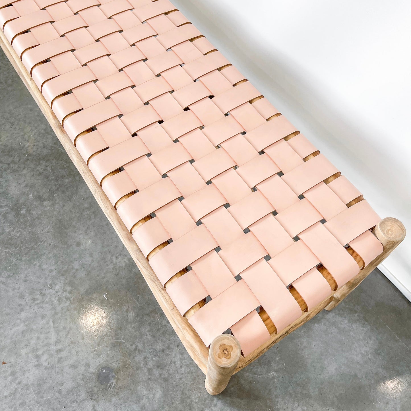 La Terra Blush Woven Leather and Timber Bench
